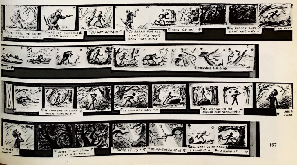 A series of sketches pinned on a wall. Drawn by artist Bill Peet for the Walt Disney 1963 animated feature The Sword in the Stone. Part of the history of storyboards.